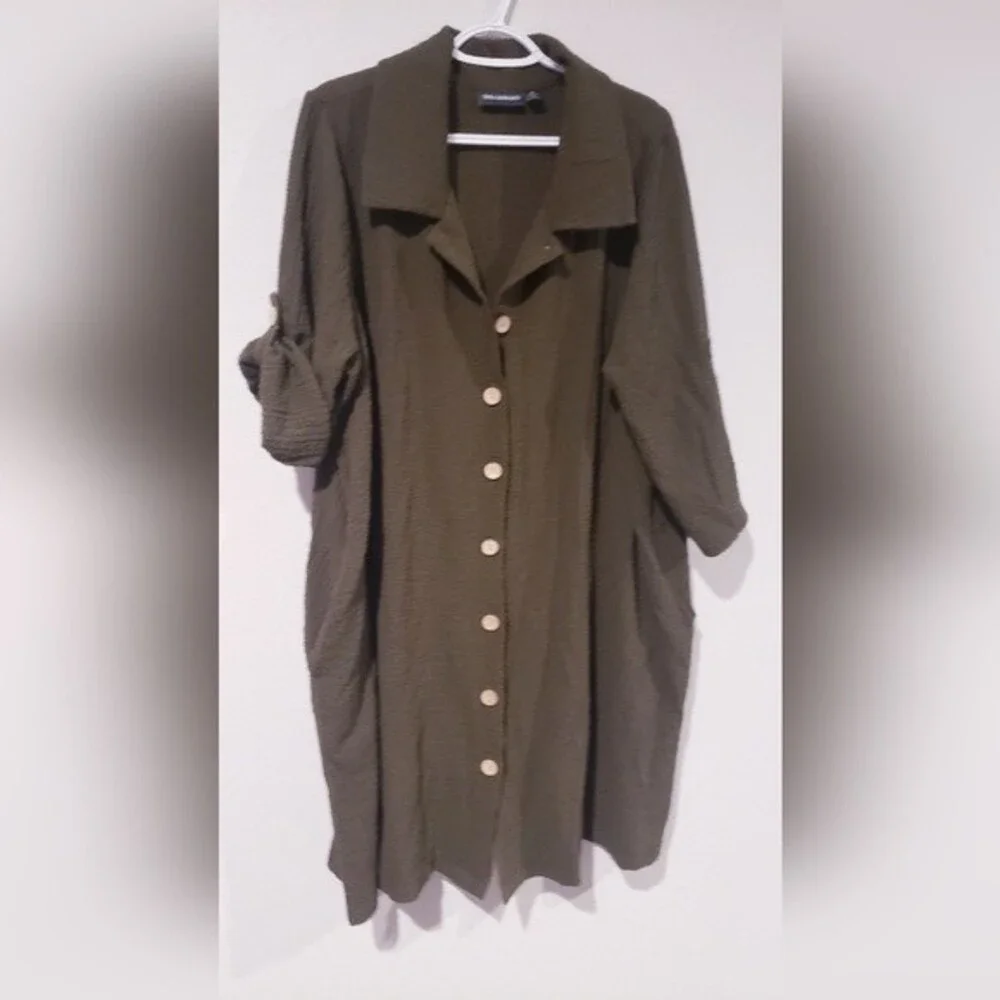 Nina Leonard Button Down 3/4 Sleeve Midi Shirt Dress Olive Green Size 1X - Picture 2 of 8